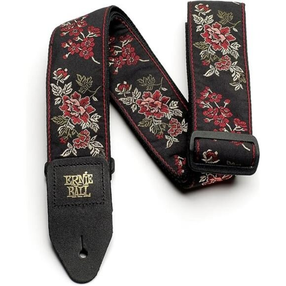 Red rose guitar strap adjustable jacquard pattern leather ends durable - Picture 2 of 2